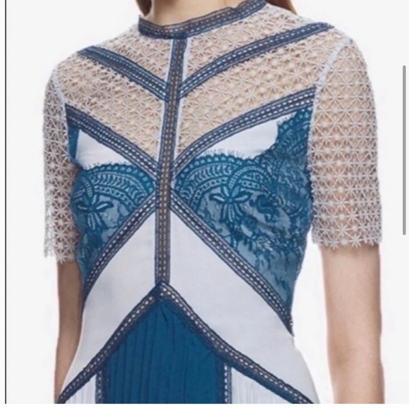 Self Portrait Blue and White Pleated Dress - Picture 3 of 6